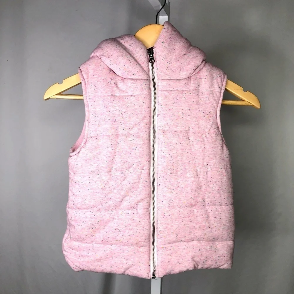 Sugar Rush Girls puffer vest with hood jersey knit pink speckles zip Small